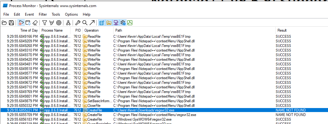 Procmon showing regsvr32.exe NAME NOT FOUND when binary is absent