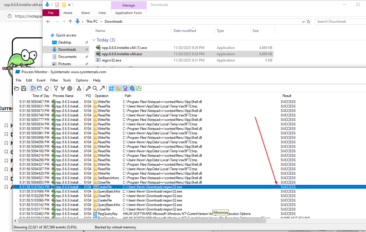 Procmon showing regsvr32.exe SUCCESS when binary is present