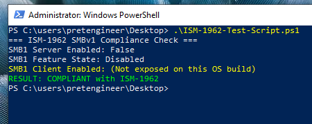 SMB-V-02 PowerShell capability check output showing SMBv1 disabled - Test Passed