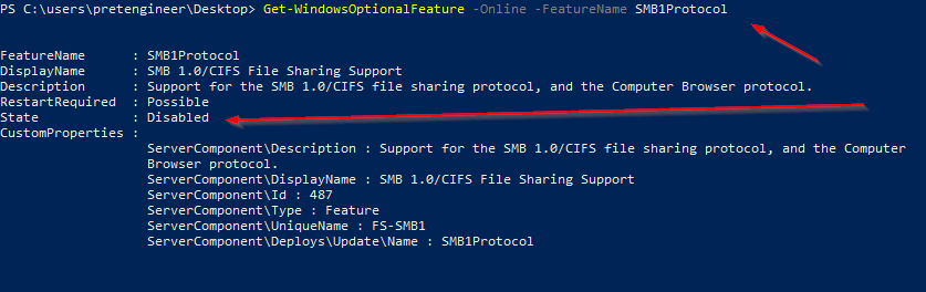 SMB-V-01 Windows feature inspection showing SMBv1 not installed